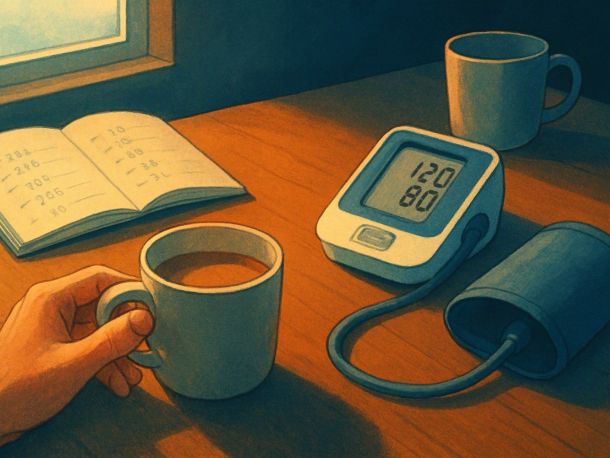 Кухонный стол утром: одна чашка кофе с молоком, рядом тонометр с манжетой и блокнот с записями, вторая пустая чашка отодвинута на край стола. Настроение спокойное, бытовое, без тревоги.