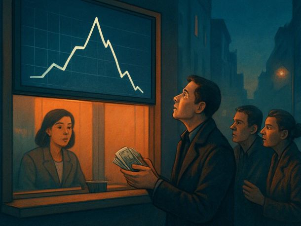 Человек стоит перед окошком обменника с пачкой купюр и смотрит на табло, где линия графика резко подпрыгнула и уже пошла вниз; за его спиной очередь из нескольких силуэтов. Настроение — спокойная ирония.