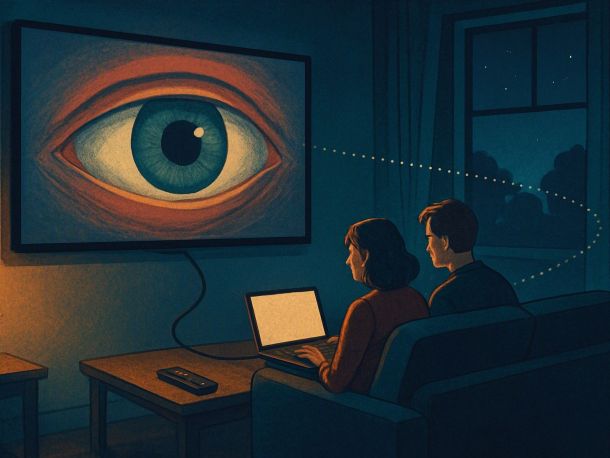 Тёмная гостиная, на стене большой телевизор, а на его экране вместо картинки огромный глаз, который смотрит на диван с семьёй. От телевизора к окну тянется тонкая пунктирная линия, как сигнал. На журнальном столике пульт с одной подсвеченной кнопкой.
