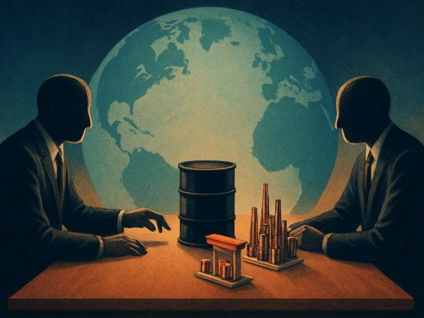 Стол переговоров, по разные стороны две фигуры в деловых костюмах без лиц; между ними на столе нефтяная бочка и маленькие макеты заправки и нефтезавода, как фишки в игре. На заднем плане — большой глобус. Настроение сдержанное, выжидательное.