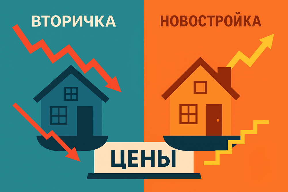 Flat-иллюстрация сравнивает цены на вторичное и новое жильё: слева тёмно-синий дом и падающий красный график (вторичный рынок), справа оранжевый дом и растущий жёлтый график (новостройки). В центре — весы с подписью “Цены”. Фон поделен на две контрастные части: бирюзовую и оранжевую