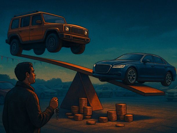 Два автомобиля на качелях-весах: большой внедорожник поднят вверх, длинный люксовый седан опустился вниз. Рядом стоит человек с ключами в руке и задумчиво смотрит на них.