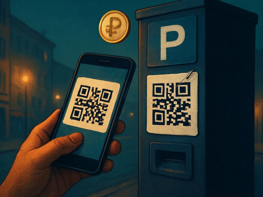 Рука держит смартфон и наводит камеру на QR-код, наклеенный поверх другого кода на платёжном терминале; из-под наклейки выглядывает рыболовный крючок. Настроение — спокойная настороженность.