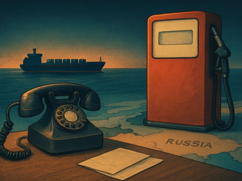 Плоская иллюстрация: заправочная колонка с ценником без цифр стоит на карте мира между Россией и Европой, от неё к горизонту уходит танкер с бочками. Рядом на столе старый телефон с трубкой, снятой с рычага, и два сложенных листа бумаги. Настроение напряжённого ожидания.