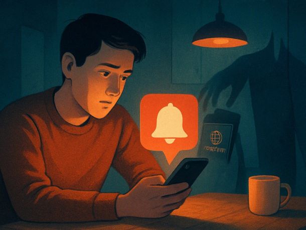 Человек на кухне смотрит на телефон, на экране всплывает уведомление в виде колокольчика. За его спиной полупрозрачный силуэт чужой руки тянет паспорт из кармана куртки на вешалке. Настроение — спокойная настороженность, домашний свет.
