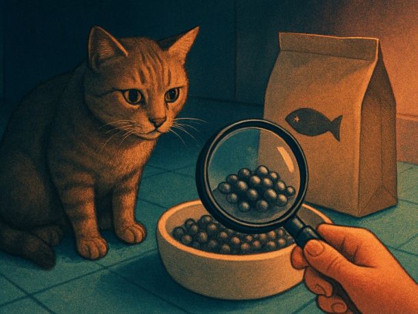Кошка сидит перед миской с кормом и настороженно смотрит на неё, рядом открытый пакет корма с рыбкой на этикетке, а над миской человеческая рука держит лупу, в которой гранулы корма выглядят тёмными металлическими шариками.