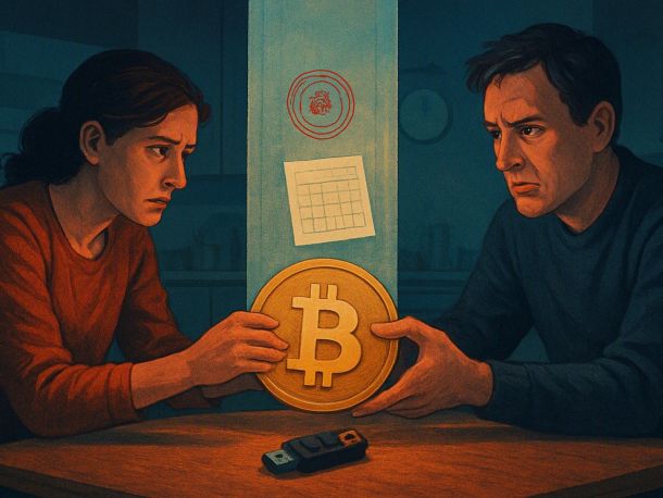 Два человека за кухонным столом передают друг другу монету с символом биткоина, а между ними опускается стеклянная перегородка с печатью и календарным листком. Рядом на столе маленький холодный кошелёк-флешка с замком. Настроение: настороженное, бытовое.