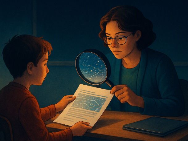 Студент за столом сдаёт распечатанный лист преподавателю, а тот смотрит на бумагу через большую лупу: под лупой среди строк проступает скрытый узор из светящихся точек. Настроение спокойное, чуть детективное.