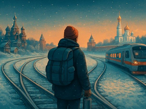 Зимний перрон на рассвете: путешественник с рюкзаком стоит перед тремя расходящимися железнодорожными путями, в конце каждого — силуэт своего города: деревянные домики и купола, крепостная стена с башнями, кремль у реки. Спокойное, предвкушающее настроение.