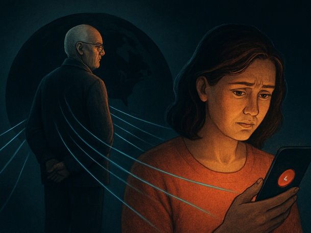 Пожилой мужчина в очках стоит спиной к огромной тёмной тени в форме земного шара, из которой тянутся тонкие цифровые нити к смартфону в руке обычной женщины на переднем плане. Настроение тревожное, но спокойное: угроза большая, а точка входа маленькая и бытовая.