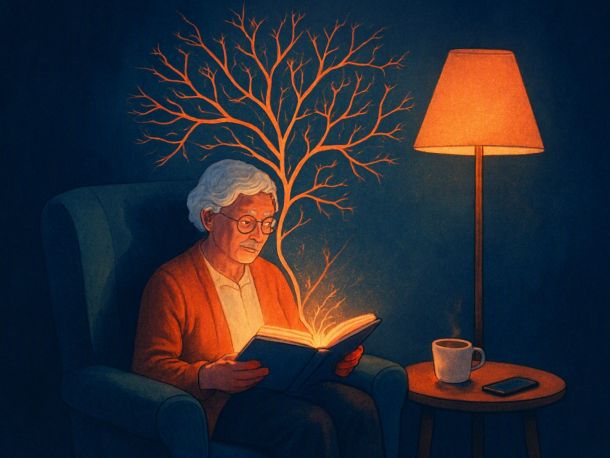 Пожилой человек в уютном кресле под торшером читает раскрытую книгу, а над его головой из страниц вырастает светящаяся сеть нейронов, похожая на ветви дерева. Рядом на столике отложенный экраном вниз смартфон и чашка чая, настроение спокойное, вечернее.