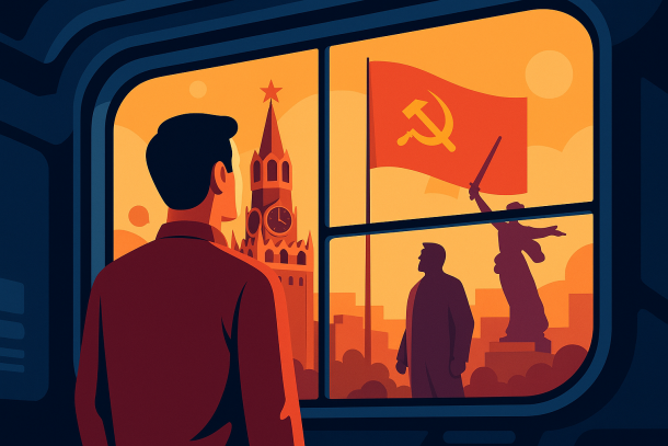 Flat-иллюстрация мужчины, смотрящего через окно на символы СССР в красном свете