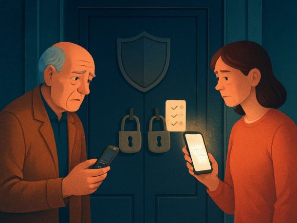 Плоская иллюстрация: большая дверь с логотипом-щитом и двумя замками, перед ней пожилой человек с кнопочным телефоном и молодая женщина со смартфоном, у которой в руке светится код. Настроение спокойное, чуть тревожное.