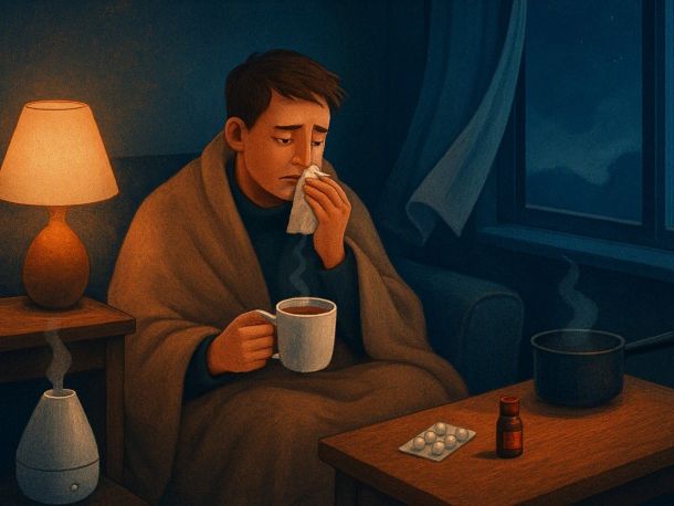 Человек с лёгкой простудой сидит на диване под одним пледом с градусником и кружкой чая, а на столике рядом отодвинуты в сторону блистер таблеток, пузырёк йода и кастрюля с паром. Спокойное домашнее настроение.