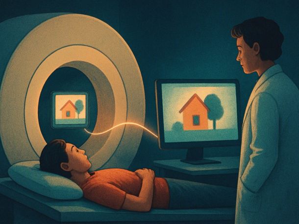 Человек лежит в кольце томографа и смотрит на небольшой экран с изображением домика и дерева, а рядом на мониторе компьютера проявляется слегка размытая копия той же картинки. Спокойное, исследовательское настроение.