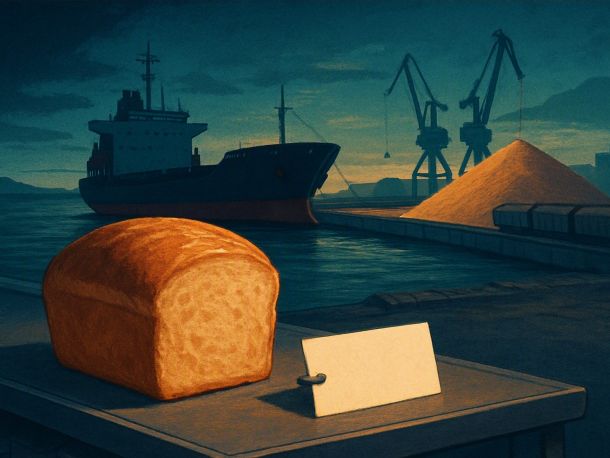 Буханка хлеба на магазинной полке на переднем плане, а за ней, как в окне, — морской порт с замершим сухогрузом и горой зерна на причале. Настроение спокойное, чуть настороженное.