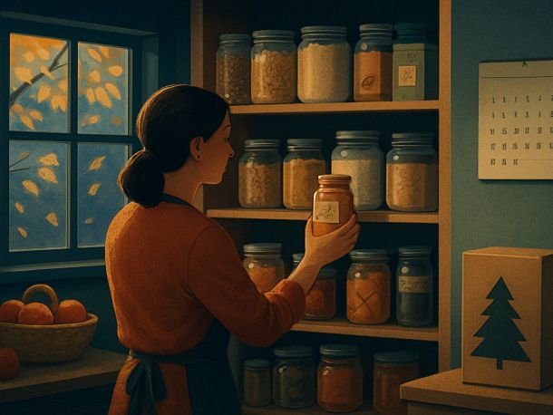 Уютная осенняя кухня: человек ставит банку мёда на полку, где уже стоят крупы, консервы, чай и кофе. За окном падают жёлтые листья, на стене висит календарь, а в углу стоит маленькая ёлочка в коробке, которая ждёт своего часа.