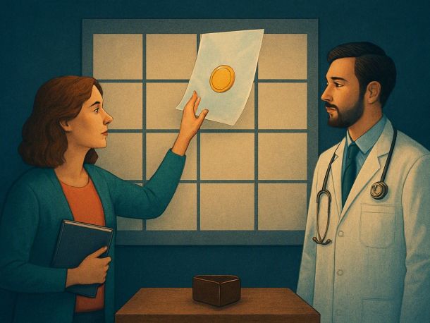 Учительница и врач стоят перед настенным календарём, где после двенадцати обычных листков висит тринадцатый — полупрозрачный, с монетой. Женщина тянется к нему, но листок пока вне досягаемости; настроение спокойное, выжидательное.