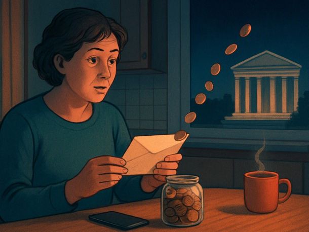 Человек за кухонным столом удивлённо держит раскрытый конверт с уведомлением, рядом стеклянная банка с монетами, из которой тонкая струйка монет утекает в сторону здания с колоннами на заднем плане. Настроение — спокойное недоумение.