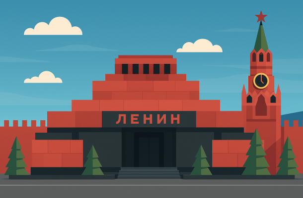 Плоская (flat) иллюстрация Мавзолея Ленина на Красной площади: геометричные формы, красно-черная архитектура, Спасская башня и ели на фоне синего неба
