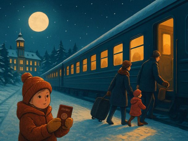 Заснеженный перрон ночью: семья с чемоданами и ребёнком садится в поезд, ребёнок держит паспорт. На заднем плане за ёлками светятся тёплые окна корпуса санатория, над ним луна и часы на башне показывают десять.
