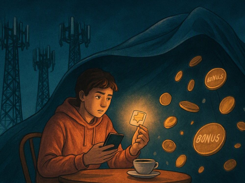 Человек в кафе держит смартфон с банковской SIM-картой, а над ним четыре огромные антенны-вышки нависают, словно тянут к себе одеяло. Настроение — лёгкая ирония и напряжение.
