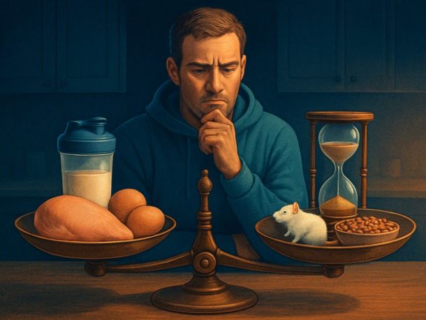 Кухонные весы-коромысло: на одной чаше — куриная грудка, яйца и шейкер с протеином, на другой — песочные часы и миска чечевицы. Рядом задумчивый человек в спортивной кофте, у ног чаши с часами сидит маленькая лабораторная мышь. Настроение — спокойное размышление.