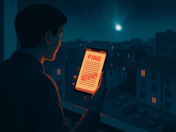 Ночной балкон многоэтажки: человек снимает на смартфон вспышку в небе над крышами, а на экране телефона поверх кадра уже лежит бумажный протокол с печатью. Настроение тревожное, холодный синий свет, внизу тёмный двор с припаркованными машинами.
