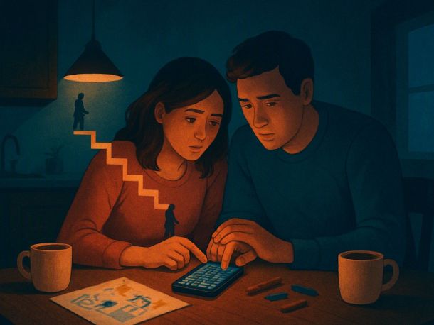 Кухонный стол вечером: двое взрослых склонились над телефоном с калькулятором, рядом чашки и детский рисунок. Над столом парит лестница из пяти ступеней, на каждой — силуэт ребёнка, и ступени спускаются вниз, как убывающие проценты. Настроение — сосредоточенное, домашнее, немного тревожное.