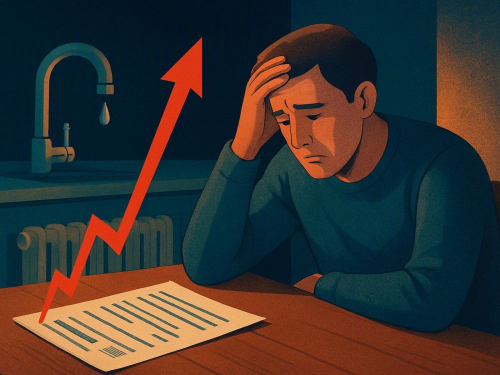 Кухонный стол, на нём бумажная платёжка за ЖКХ, из которой вверх вырывается крутая красная стрелка графика. Рядом капающий кран и батарея отопления, человек за столом держится за голову и смотрит на листок. Настроение тревожное, но бытовое.