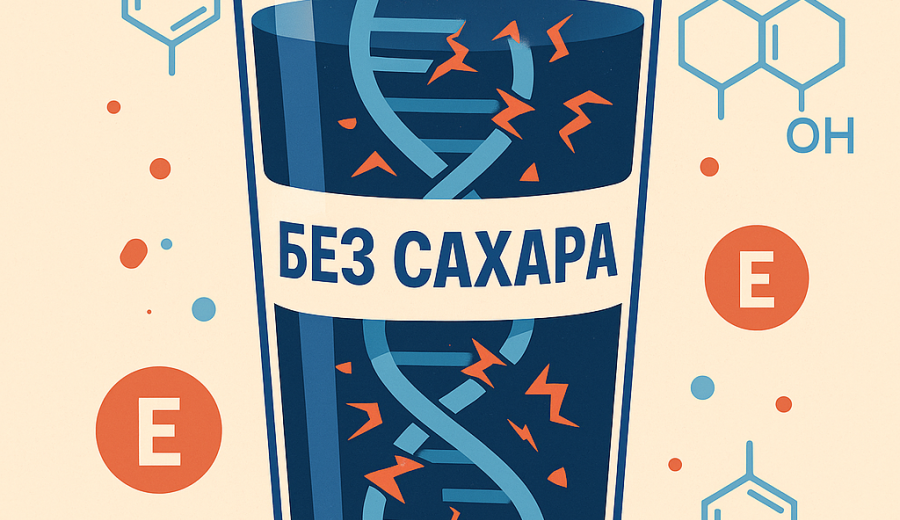 Стакан колы с пометкой Zero, а внутри — графическая модель ДНК с трещинами.