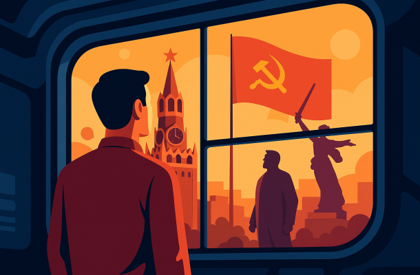 Flat-иллюстрация мужчины, смотрящего через окно на символы СССР в красном свете