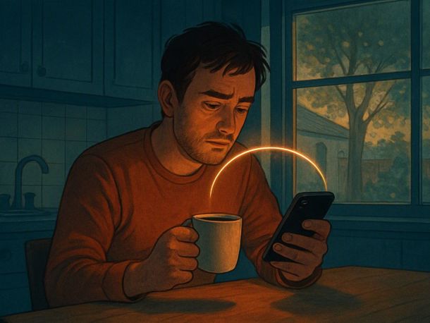 Человек с чашкой кофе сидит на кухне и смотрит в телефон, а за окном обычный двор с деревьями. Над телефоном едва заметно висит тонкая светящаяся линия горизонта, изогнутая, как край чёрной дыры. Настроение спокойное, будничное, чуть ироничное.