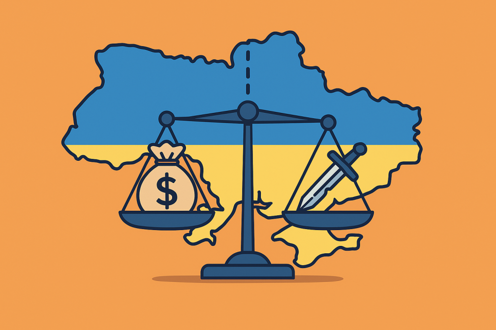 Схематичное изображение карты Украины, разделенной пунктирной линией, с весами. На одной чаше — мешок с деньгами (аренда), на другой — сломанный меч (капитуляция)