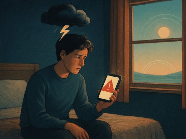 Человек сидит на кровати с телефоном, на экране крупное уведомление о буре; над головой у него сгущается тёмная тучка с молнией, а за окном спокойное ясное небо и мирное Солнце. Настроение ироничное: гроза только в голове.