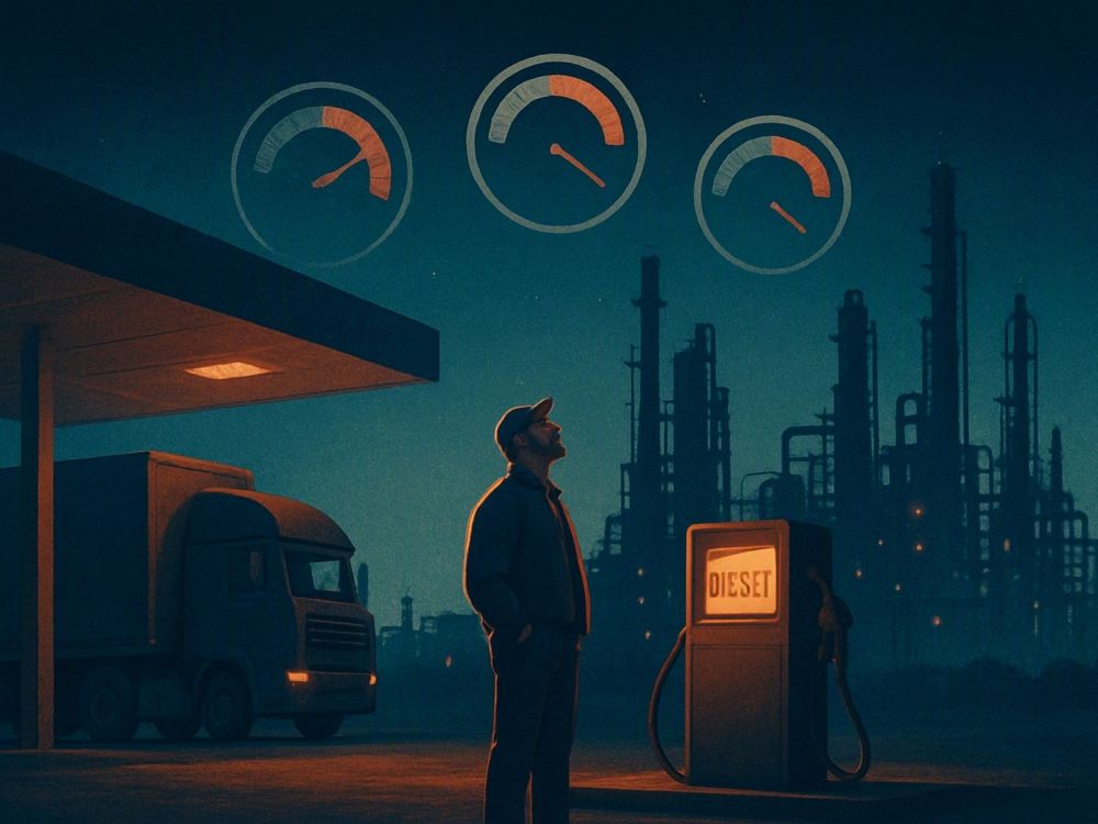 Ночная заправка на фоне силуэта нефтеперерабатывающего завода; над заводом в небе висят три разновеликих круга-шкалы, как индикаторы вероятности. Водитель грузовика у колонки смотрит вверх, настроение спокойно-выжидательное.