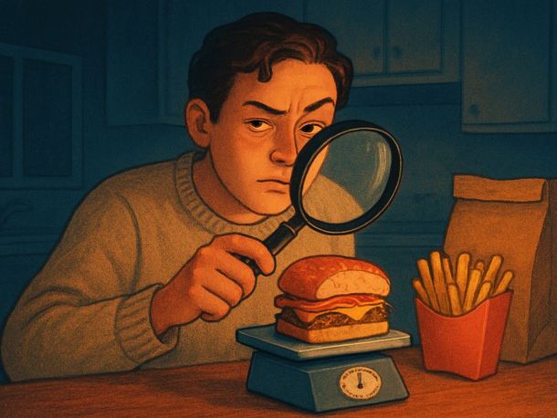 Кухонный стол, на нём разрезанный пополам чизбургер, рядом лупа и кухонные весы, на которых лежит вторая половина. Человек в домашней одежде с удивлением разглядывает котлету через лупу, настроение — ироничная проверка.