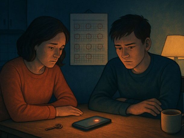 Кухня вечером: мать и взрослый сын сидят за столом, между ними смартфон с непрочитанным уведомлением, на стене висит отрывной календарь, где все месяцы одинаково обведены. Настроение тихое, напряжённое ожидание.