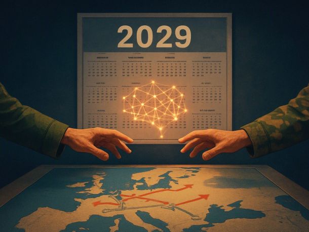 Большой настенный календарь с крупной цифрой 2029, к которому с двух сторон тянутся две руки в разных мундирах. Между ними на столе — карта Европы с нарисованными мостами и стрелками, над картой светится силуэт нейросети в виде сетки узлов. Настроение тревожное, но сдержанное.