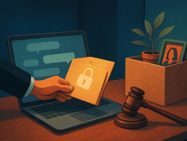 Офисный стол руководителя: открытый ноутбук с окном чат-бота, в которое рука в деловом костюме опускает папку с документами под замком; рядом судейский молоток и картонная коробка с личными вещами.
