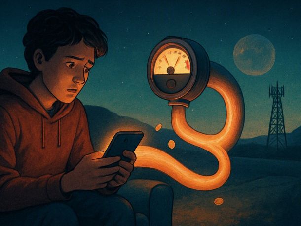 Человек сидит с телефоном, из экрана тянется светящийся туннель к далёкому глобусу, а на туннеле установлен крупный счётчик, похожий на водяной, со стрелкой у красной зоны. Рядом вышка связи, настроение — лёгкая тревога и любопытство.