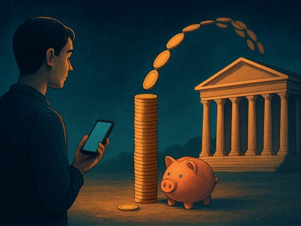 Человек с телефоном в руке смотрит на большую стопку монет, от которой тонкий ручеёк монет течёт в его маленькую копилку, а широкий поток — в массивное здание с колоннами. Настроение спокойное, слегка ироничное.