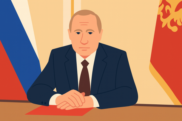 Владимир Путин в тёмном костюме сидит за столом, руки сложены перед ним. На фоне — упрощённые флаги синих, красных и золотых оттенков. Минималистичный стиль, мягкие контуры, без теней и деталей лица