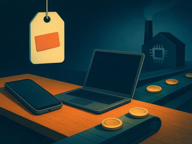 Смартфон и ноутбук лежат на прилавке, над ними висит ценник с приклеенной сверху второй бумажкой. Рядом монетки катятся по конвейеру в сторону силуэта завода с микросхемой на вывеске. Настроение: спокойная бухгалтерская ирония.