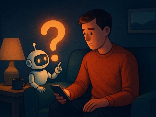 Человек вечером сидит на диване с телефоном, а из экрана выглядывает дружелюбный робот, который вместо кивка задумчиво поднимает палец и протягивает человеку вопросительный знак. Рядом на столике остывшая чашка и лампа, настроение спокойное, чуть ироничное.