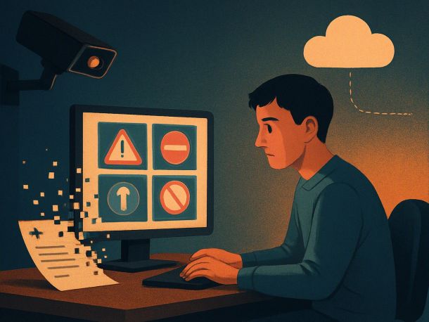 Экзаменационный класс ГИБДД: кандидат за компьютером с тестом ПДД, над ним на стене камера с красным огоньком записи, рядом бумажная медсправка рассыпается на цифровые квадратики, уходящие в облако-базу. Настроение напряжённое, но спокойное.