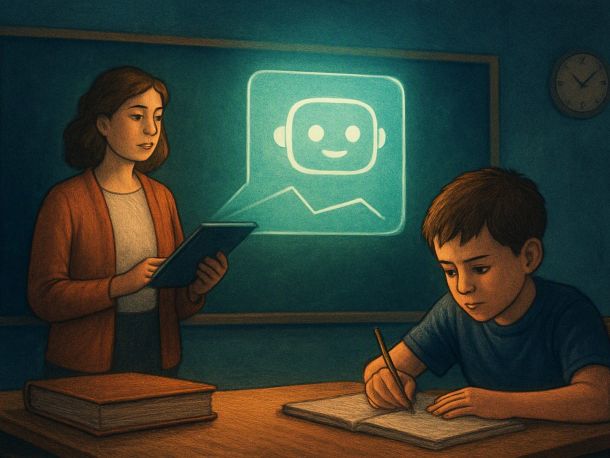 Учительница у доски, за её спиной огромный светящийся чат-бот, а из его окна на доску тянется строка с одной неправильной «кривой» формулой. На первом плане школьник старательно переписывает её в тетрадь, а на краю парты лежит закрытый учебник.