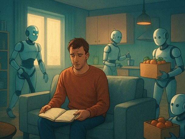 Человек в домашней одежде сидит на диване посреди светлой комнаты, а вокруг гуманоидные роботы готовят еду, убирают и несут коробки. У человека нет дел, он растерянно смотрит на пустой ежедневник на коленях. Настроение спокойное, с лёгкой грустью.