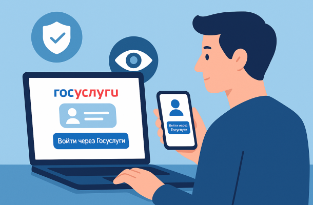пользователь авторизуется через “Госуслуги”, рядом иконки безопасности и приватности — визуальный баланс удобства и контроля