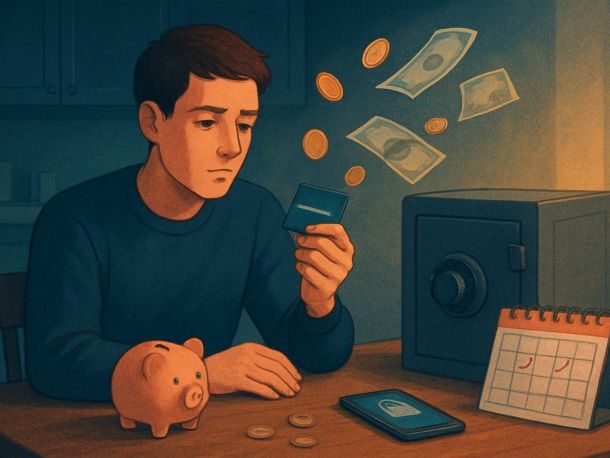 Человек на кухне держит банковскую карту, из которой в разные стороны улетают монеты, а рядом на столе стоят две копилки — маленькая и большая. Настроение спокойное, немного ироничное.
